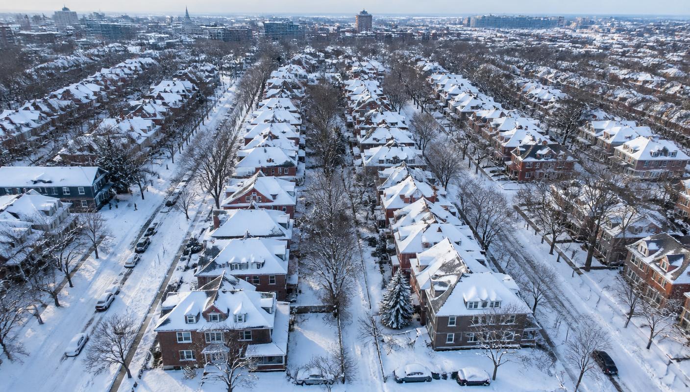 Aerial view of a snow covered Ottawa residential neighbourhood in winter