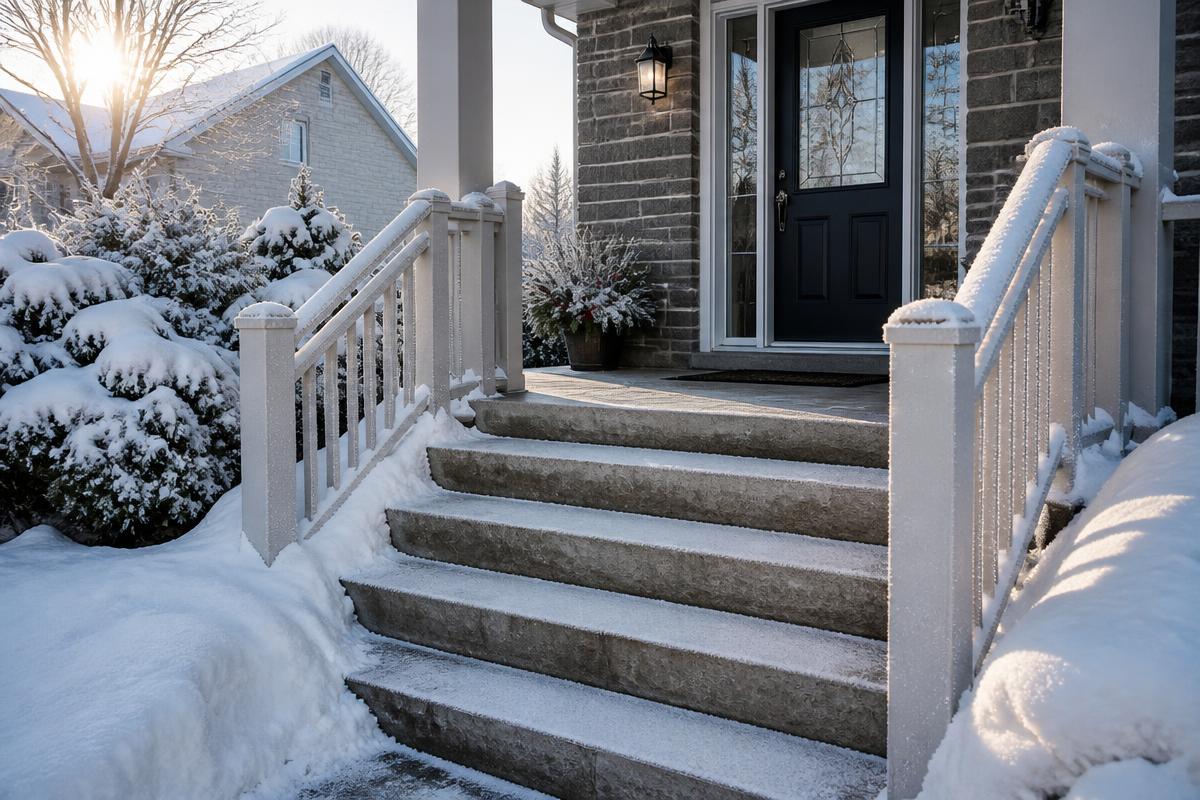 Front porch steps of a home cleared of snow with frost on the railings