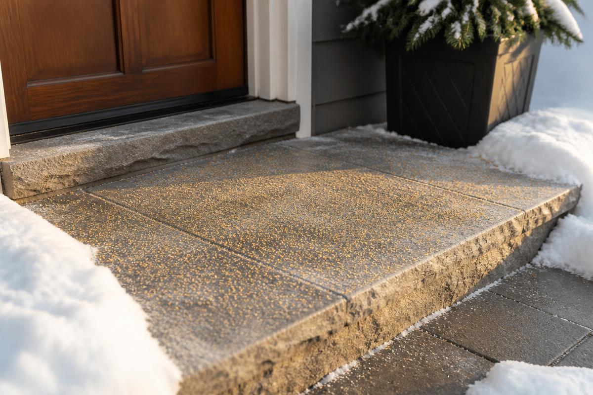 A cleared front doorstep with a light dusting of pet friendly traction sand
